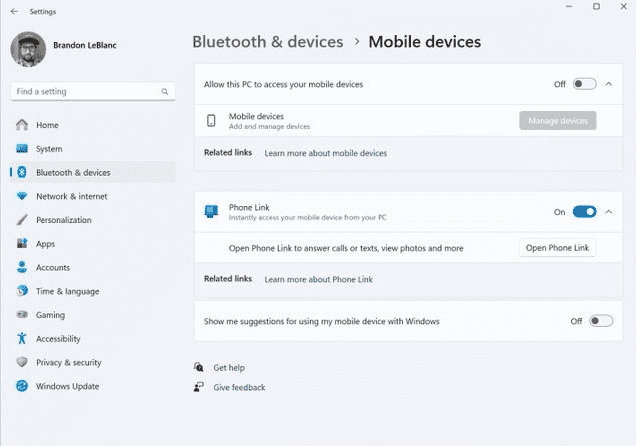 Windows 11 Build 23606.1000 Dev Channel Insider заменяет телефонные ссылки на мобильные устройства