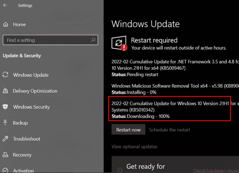 Как удалить KB5010342 из Windows 10 21H2, 21H1 и 20H2